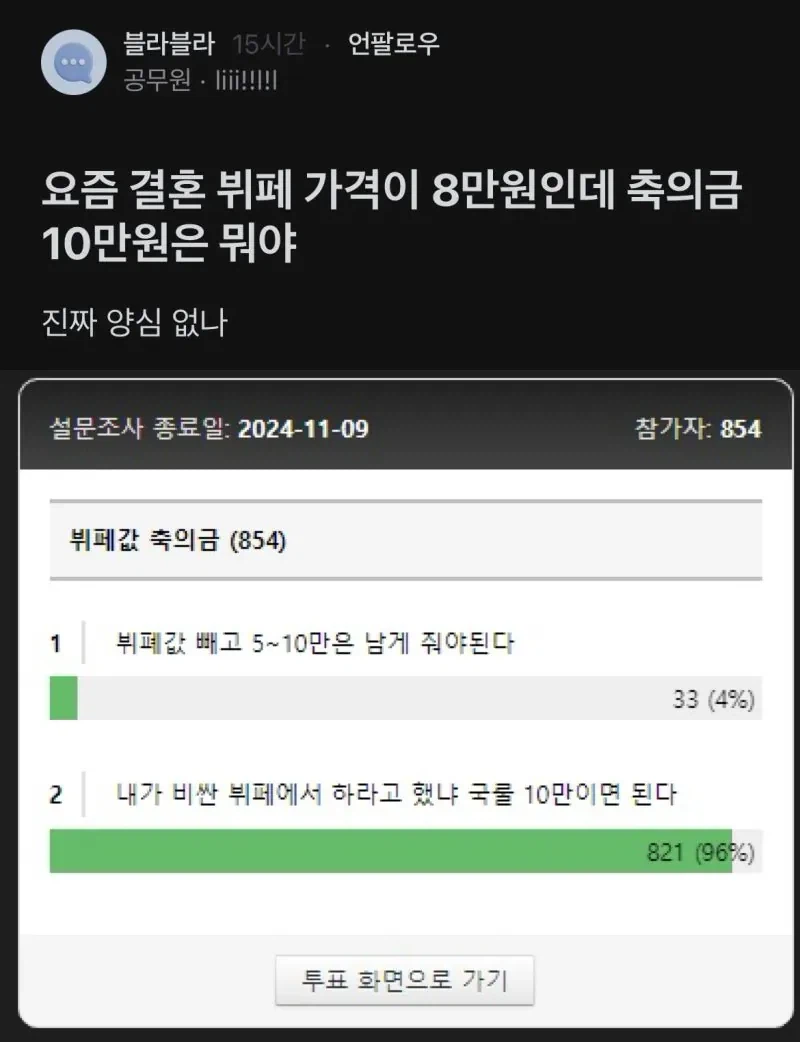 Korean community post, image 1: OP: wedding buffets cost 80k now, so 100k gift money is shameless.