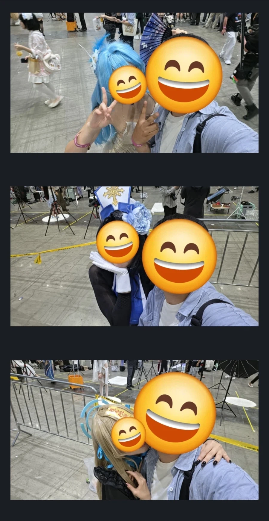 Korean community post, image 2: Three convention selfies: OP posing with cosplayers, his face covered by grinning emoji stickers.