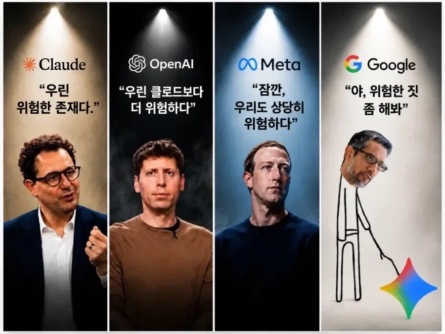 Korean community post, image 1: Claude: 'We're dangerous.' OpenAI: 'We're more dangerous than Claude.' Meta: 'Wait, we're pretty dangerous…