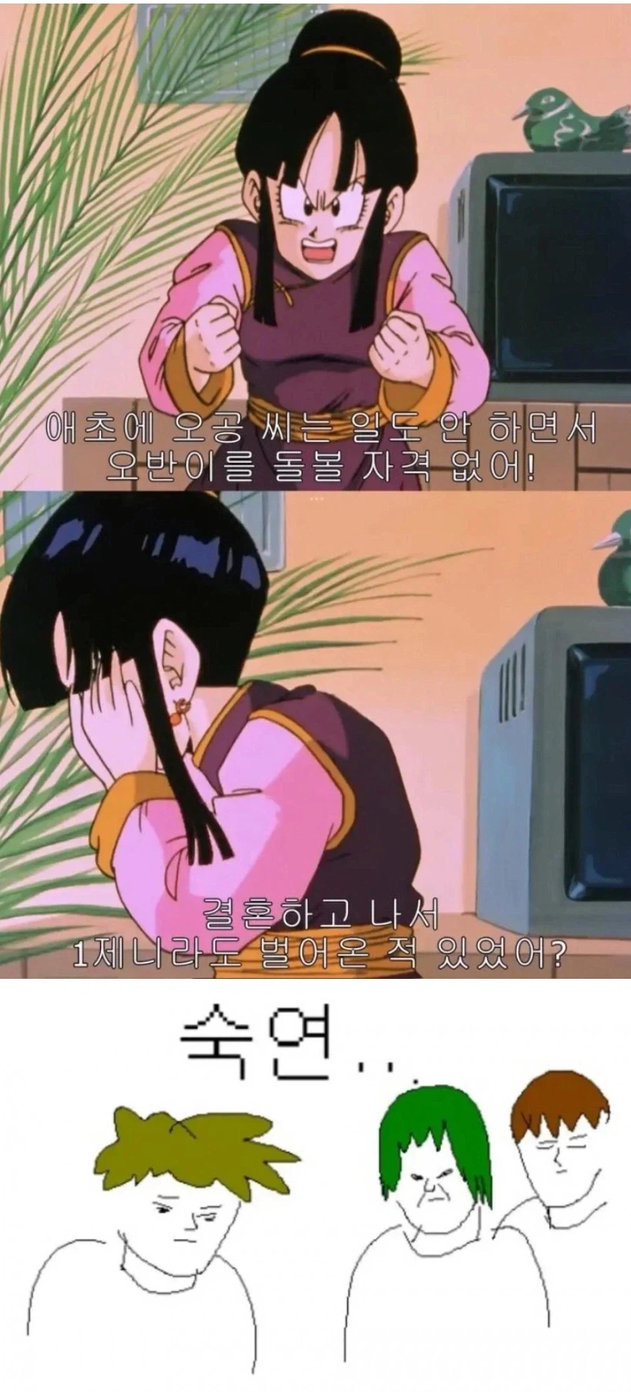 Korean community post, image 1: Chi-Chi tears into Goku for never working — 'have you earned even one zeni since we married?' Then...