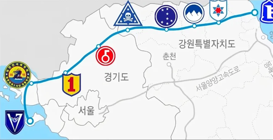 Korean community post, image 5: Same map, now stamped with actual army unit insignias — the whole route runs past frontline bases.